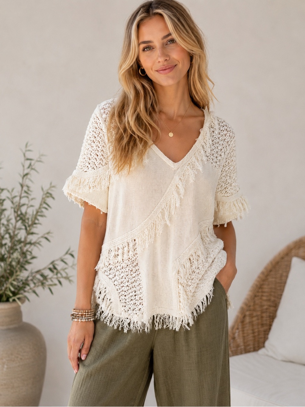 Anthropologie Womens M Ivory Fringe Open Knit Boho Top Crochet Festival Shirt
